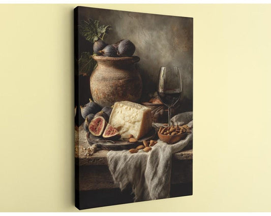 a still life arrangement featuring a variety of food items, including cheese, figs, almonds, and a glass of red wine, set against a rustic background.
