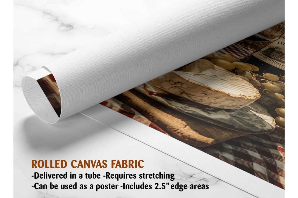 The image is a rolled canvas fabric, which is a type of canvas material used for creating posters or wall art. It is described as a tube-delivered fabric, which means it is delivered in a tube and requires stretching before use. The fabric can be used as a poster and includes a 2.5" edge area.