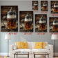 The image is a living room with a white couch and a coffee table. Above the couch, there are six framed images of beer mugs, each with a different size and resolution, ranging from 8" x 12" to 24" x 36". The images are arranged in a grid pattern on the wall, and the sizes of the images are indicated next to each one.