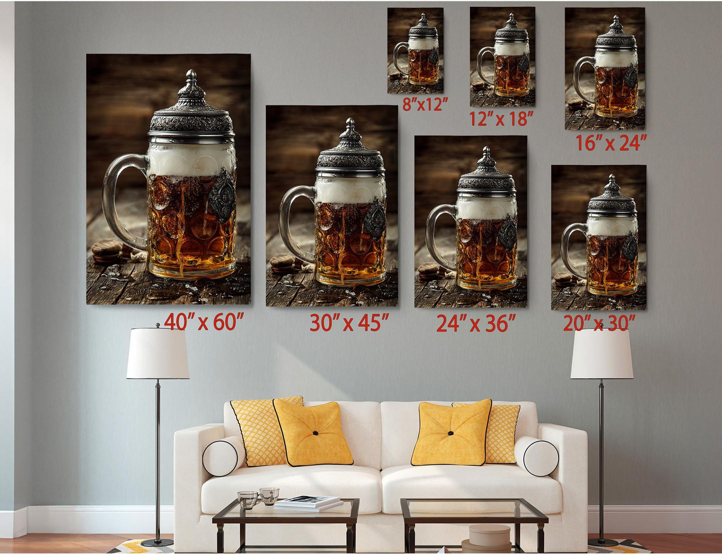 The image is a living room with a white couch and a coffee table. Above the couch, there are six framed images of beer mugs, each with a different size and resolution, ranging from 8" x 12" to 24" x 36". The images are arranged in a grid pattern on the wall, and the sizes of the images are indicated next to each one.