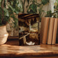 a wooden table with a framed photograph of a rustic kitchen scene, surrounded by potted plants and books.