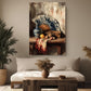 a living room with a large painting of a still life scene hanging on the wall, which includes a fan, a vase, and various fruits and flowers arranged on a table.