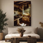 a cozy and rustic kitchen with a large window, hanging plants, and a wooden table with a vase of dried flowers.
