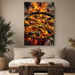 a large, appetizing seafood paella dish with shrimp, mussels, and other ingredients, displayed on a table with a vase of dried flowers in the foreground.