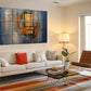 a living room with a white couch and a painting on the wall