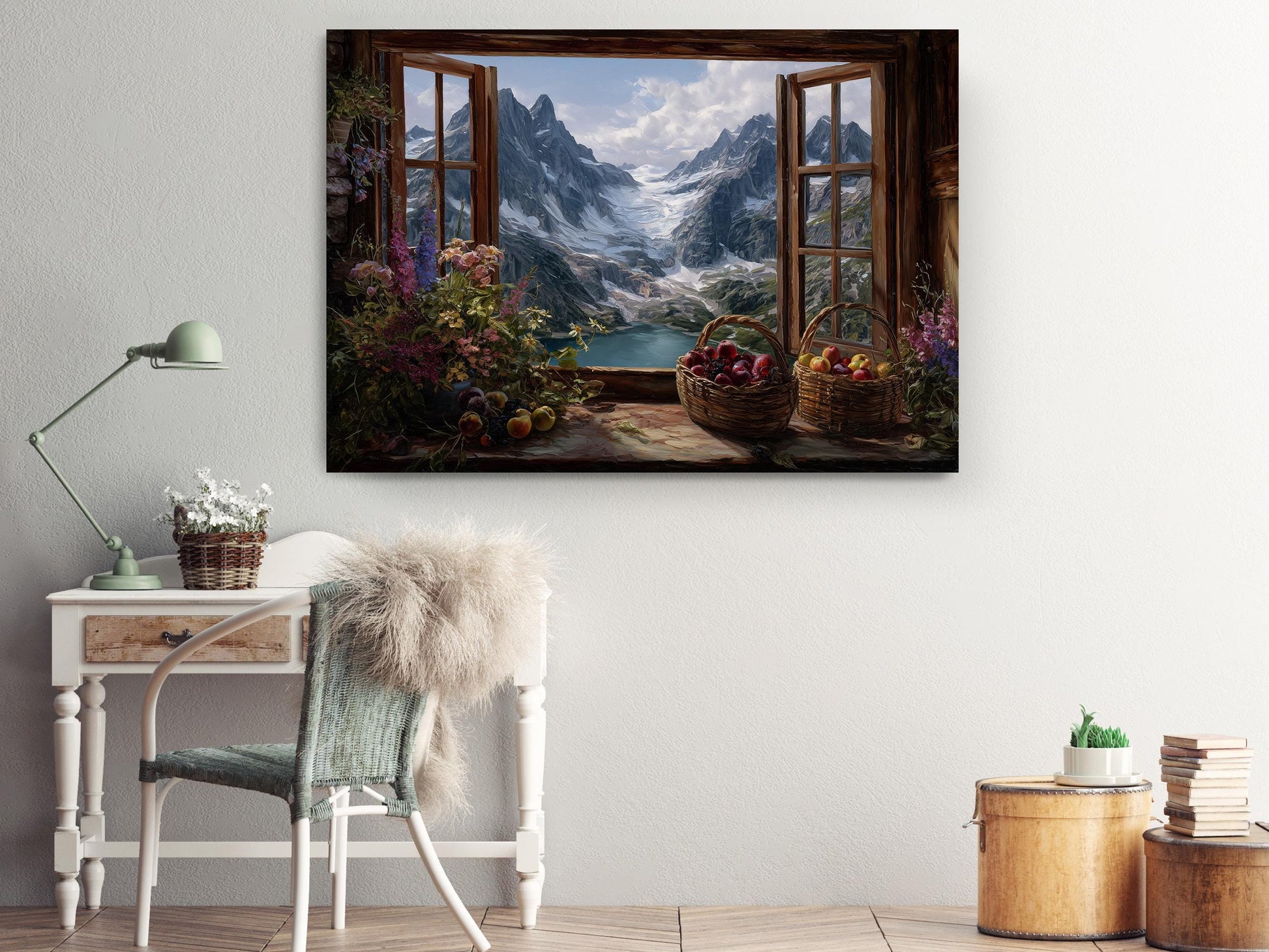 a serene indoor setting with a large window offering a breathtaking view of a mountainous landscape. The window is adorned with baskets filled with fresh fruits, adding a touch of rustic charm to the scene. A desk and chair are positioned in front of the window, creating a cozy workspace. A lamp and a plant are also present in the room, contributing to the overall warm and inviting atmosphere.
