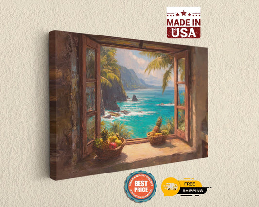 The image is a painting of a tropical beach scene, featuring a view of the ocean through an open window. The painting is framed and displayed on a wall, with a "Made in USA" logo in the top right corner.