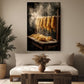 a cozy living room with a large painting of noodles hanging on the wall, a wooden coffee table in the center, and a comfortable couch.