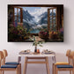a serene dining scene with a table set for four, surrounded by four wooden chairs. Above the table, a large painting of a mountain landscape with a window overlooking a lake is displayed. The painting features a basket of fruit and flowers, adding a touch of nature to the scene.
