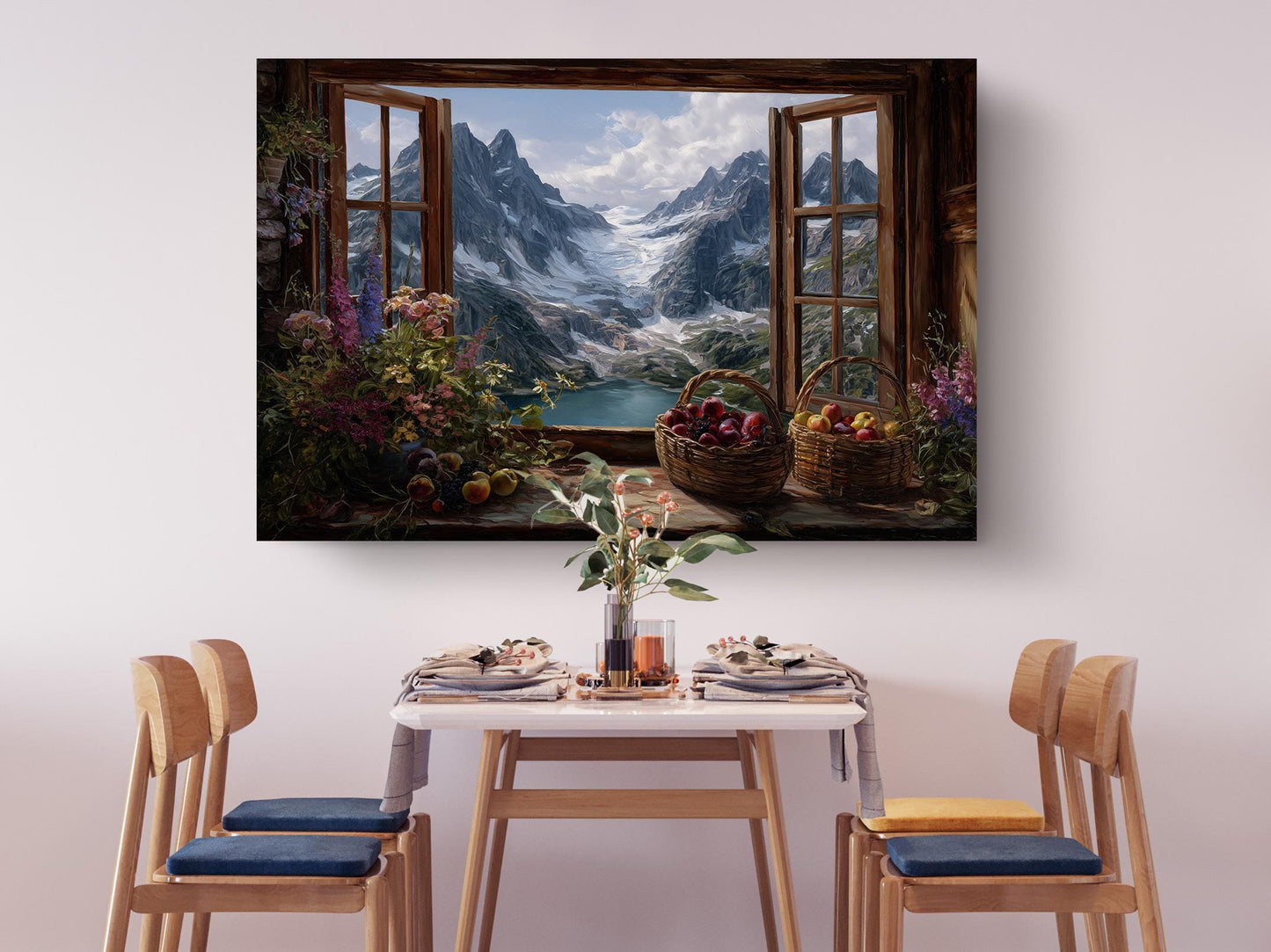 a serene dining scene with a table set for four, surrounded by four wooden chairs. Above the table, a large painting of a mountain landscape with a window overlooking a lake is displayed. The painting features a basket of fruit and flowers, adding a touch of nature to the scene.