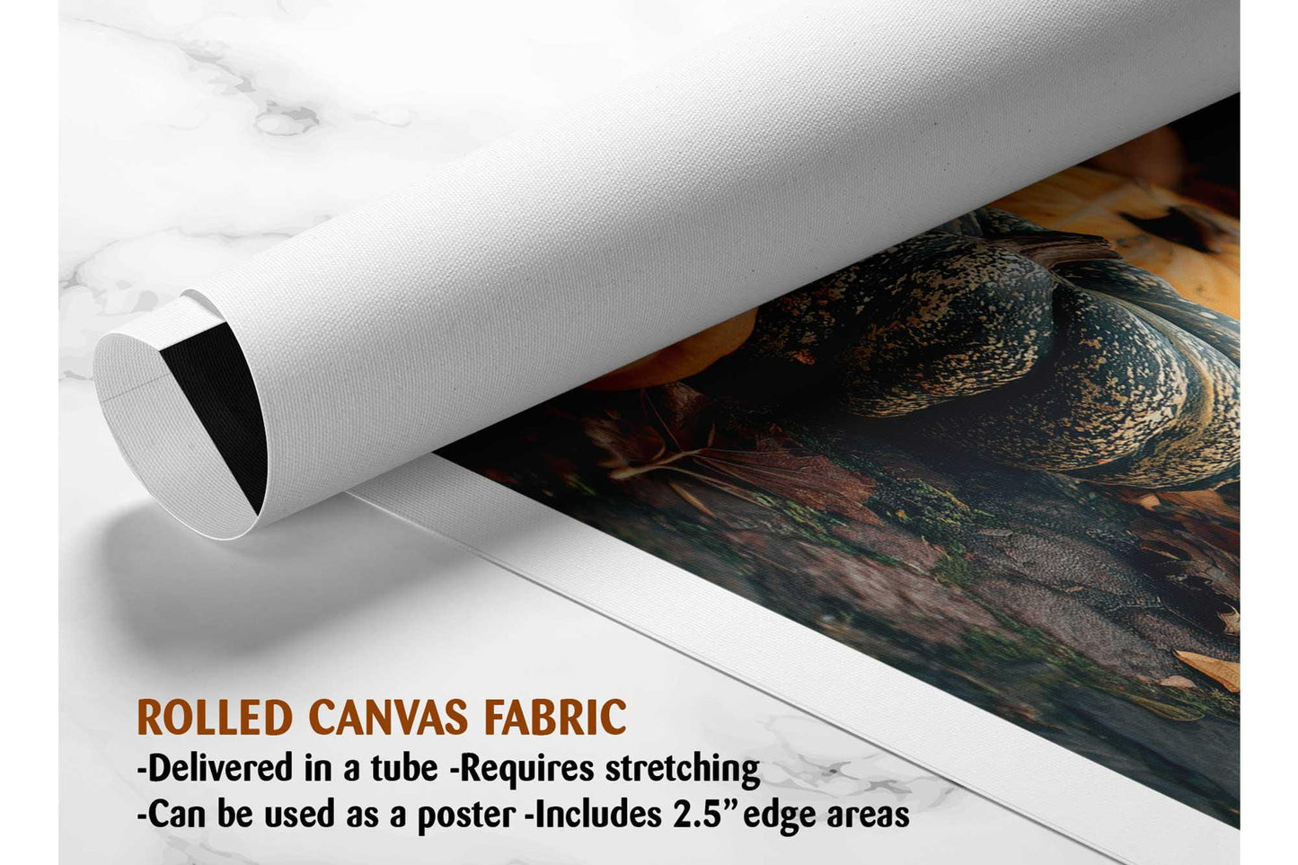 The image is a rolled canvas fabric, which is a type of canvas material used for painting or printing. It is described as a tube-delivered fabric that requires stretching and can be used as a poster with a 2.5" edge.