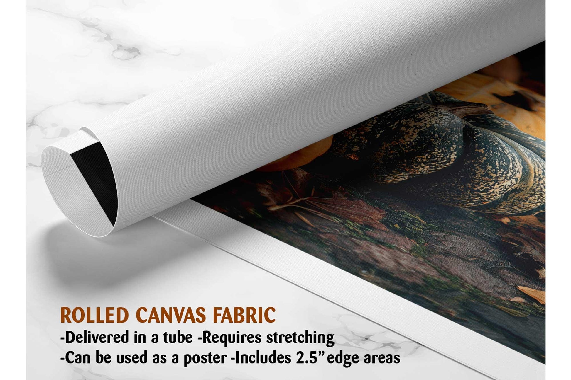 The image is a rolled canvas fabric, which is a type of canvas material used for painting or printing. It is described as a tube-delivered fabric that requires stretching and can be used as a poster with a 2.5" edge.