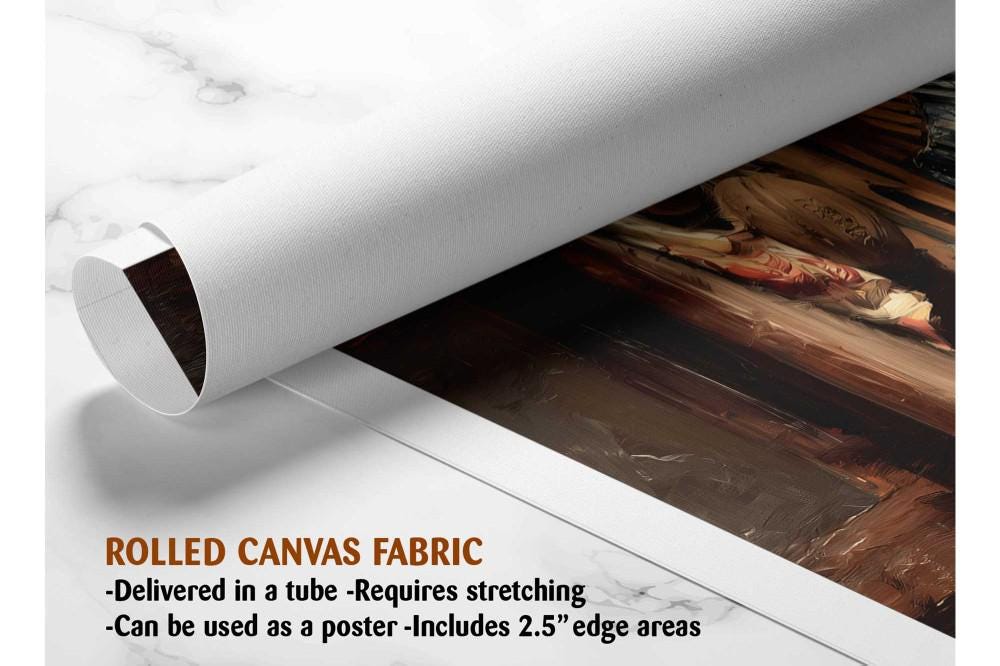 The image is a rolled canvas fabric, which is a type of canvas material used for painting or printing. It is described as a tube-delivered canvas fabric, which means it is delivered in a tube and requires stretching before use. It can be used as a poster with a 2.5" edge area.