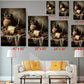 The image is a living room with a white sofa and a coffee table. Above the sofa, there are six identical paintings of the same scene, each with a different size and resolution, ranging from 8 x 12 to 24 x 36 inches. The paintings are arranged in a grid-like pattern on the wall, creating a visually appealing display.