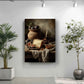 a still life painting of a table with various food items, including a vase, a bowl of fruit, and a glass of wine. The painting is hung on a white wall, with two potted plants placed on either side of it.