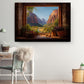 a cozy workspace with a desk, chair, and a large window that offers a breathtaking view of a mountainous landscape.