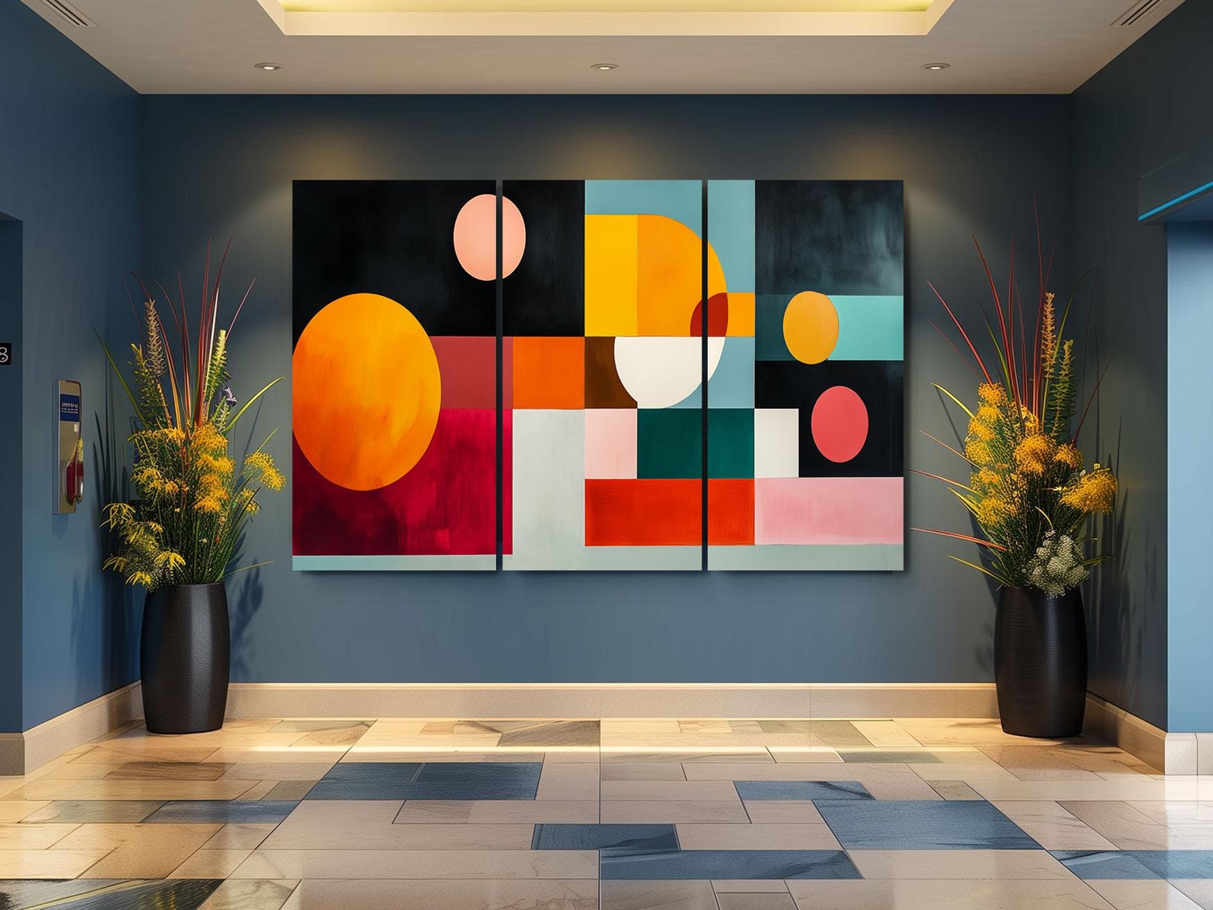 a room with two large paintings on the wall