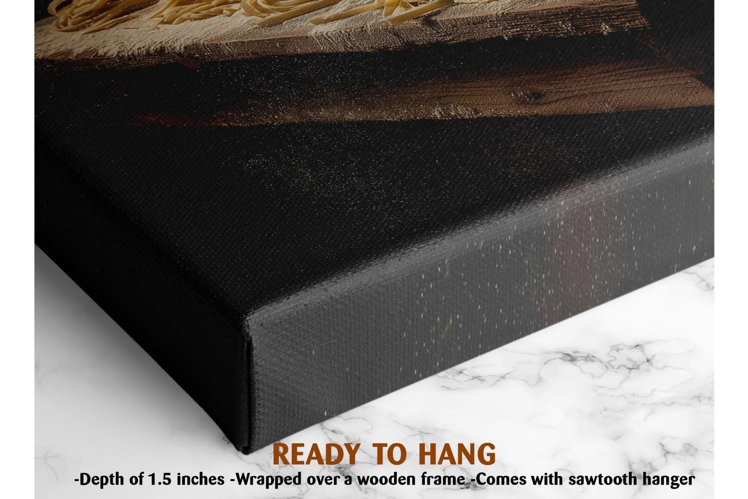 The image is a close-up of a black canvas with a wooden frame, and it appears to be a painting or artwork. The text below the image indicates that it is a ready-to-hang piece, with a depth of 1.5 inches and a wooden frame.