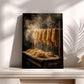 A framed photograph of uncooked spaghetti noodles drying on a wooden rack, with steam rising from the surface.
