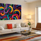 a living room filled with furniture and a painting on the wall
