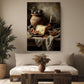 a cozy living room with a large painting of a still life arrangement on the wall, which includes a vase of flowers, a bowl of fruit, and a glass of wine. The room also has a comfortable couch, a wooden coffee table, and some decorative elements such as potted plants and vases.