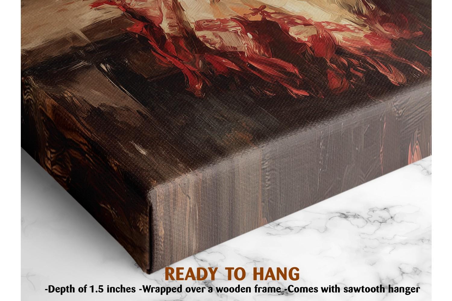 The image is a close-up of a wooden frame with a painting or artwork hanging on it. The frame appears to be made of wood and has a textured surface. The painting has a dark, textured background with red and brown colors. The image is described as a "collage of multiple images" and "ready to hang", indicating that it is a framed artwork.
