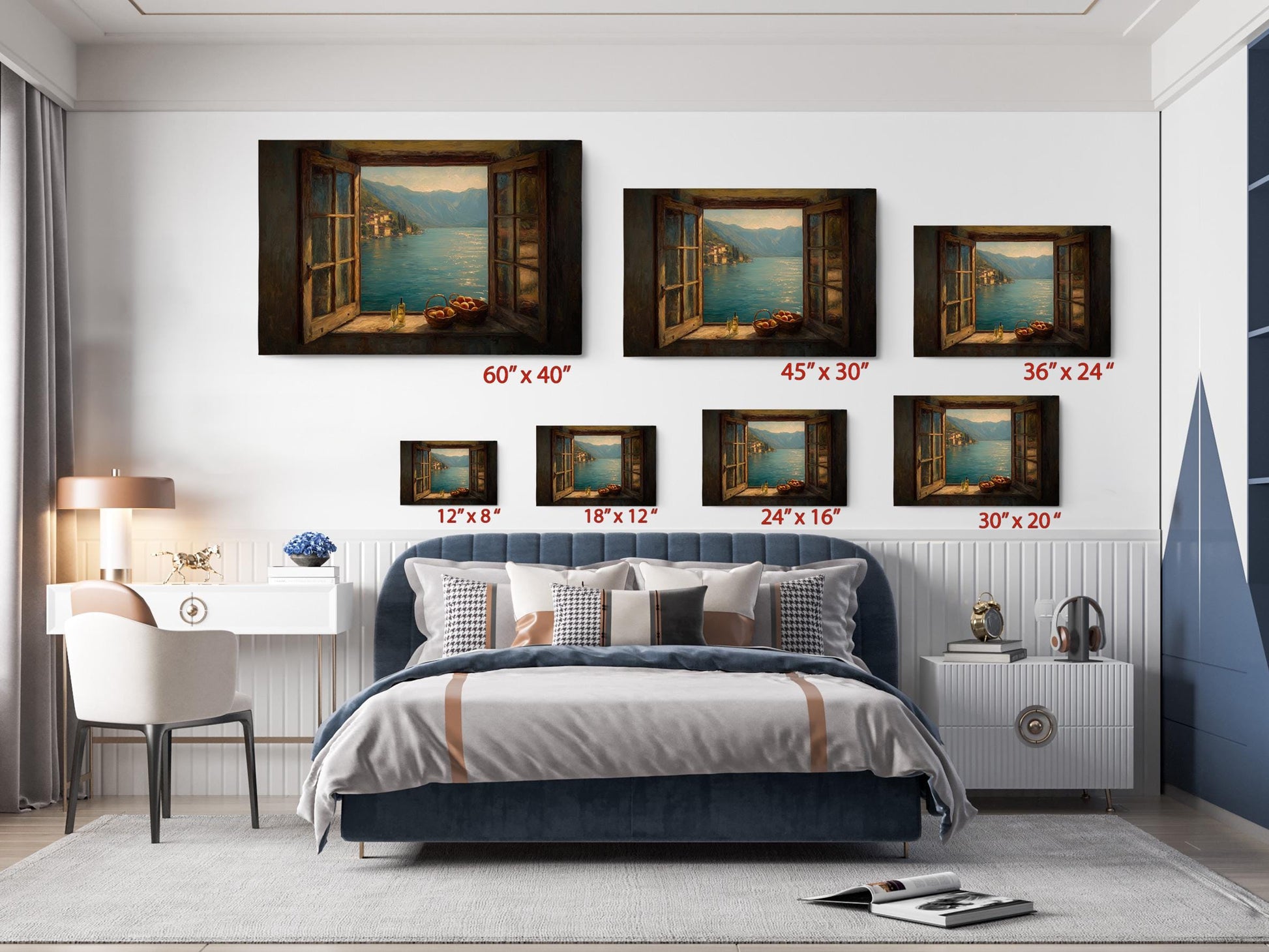 The image is a bedroom with a large bed, a nightstand, and a desk. Above the bed, there are five framed pictures of a scenic view, each with a different size and orientation. The pictures are arranged in a grid-like pattern on the wall, creating a visually appealing display.