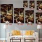 The image is a living room with a white sofa and a coffee table, and there are multiple framed photographs of the same scene displayed on the wall.