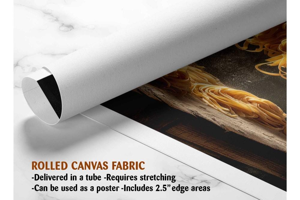 The image is a rolled canvas fabric, which is a type of canvas material used for creating posters or wall art. It is described as a tube-delivered fabric, which means it is delivered in a tube and requires stretching before use. The fabric can be used as a poster and includes a 2.5" edge area.
