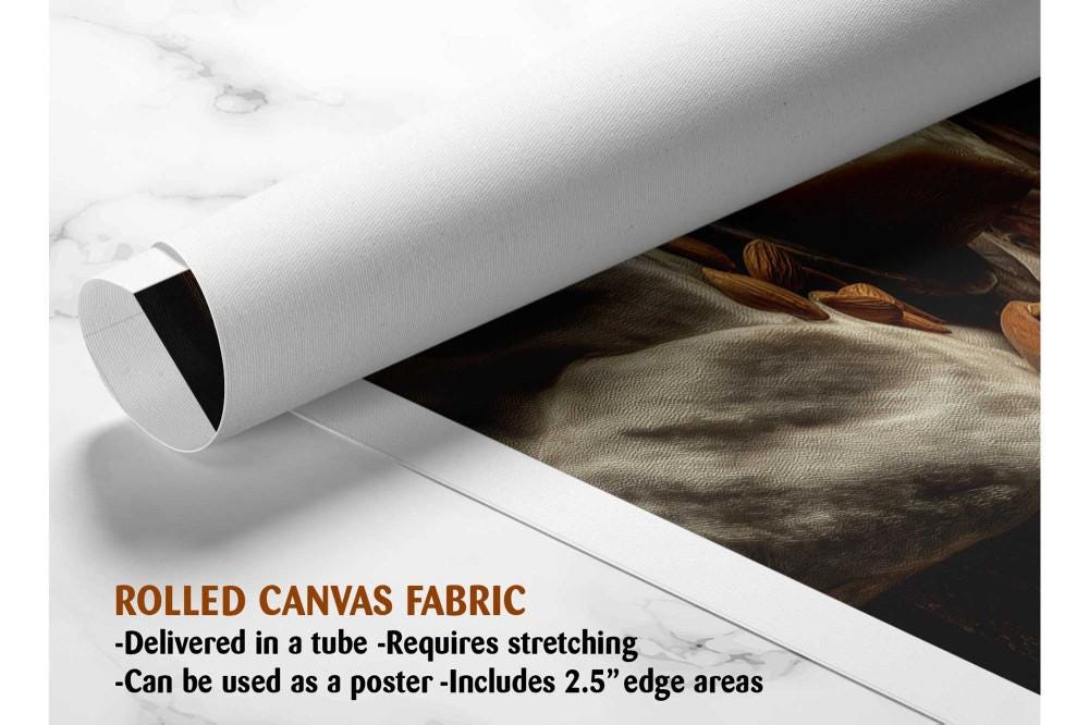 The image is a rolled canvas fabric, which is a type of canvas material used for painting or printing. It is described as a tube-delivered fabric that requires stretching and can be used as a poster with a 2.5" edge area.