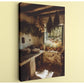 a rustic kitchen with a window, hanging baskets of herbs, and a counter with baskets of produce.