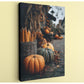A wicker basket filled with corn cobs and pumpkins sits on a cobblestone path, surrounded by other pumpkins and gourds.