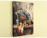 The image is a painting depicting a still life arrangement on a wooden table, featuring a blue and white vase, a fan, a fruit bowl, and a cloth.