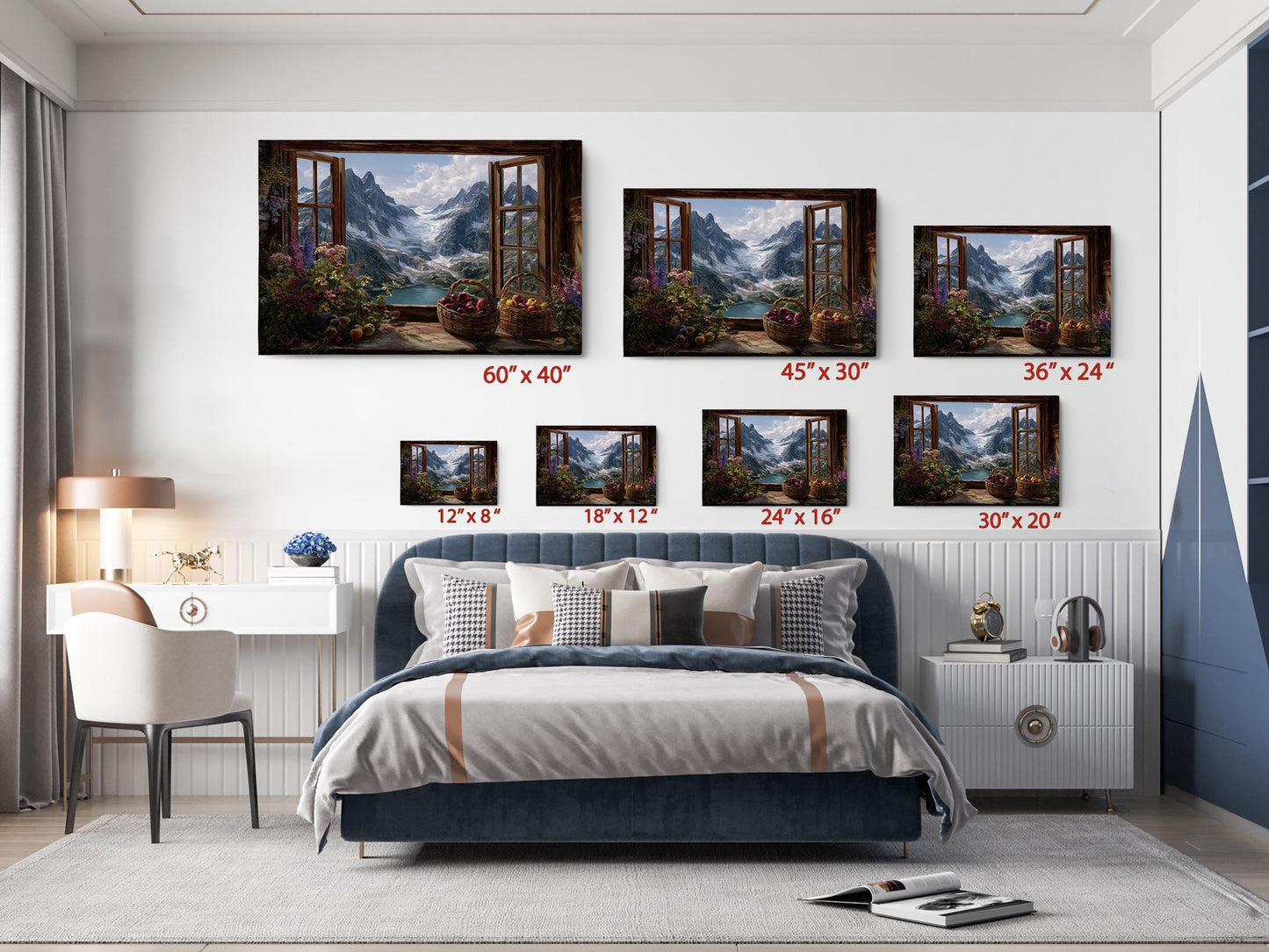 The image is a bedroom with a large bed, a nightstand, and a desk. Above the bed, there are five framed pictures of mountain landscapes, each with a different size and resolution. The pictures are arranged in a grid-like pattern, with the largest one at the top and the smallest one at the bottom. The room has a modern and stylish design, with a blue and white color scheme.