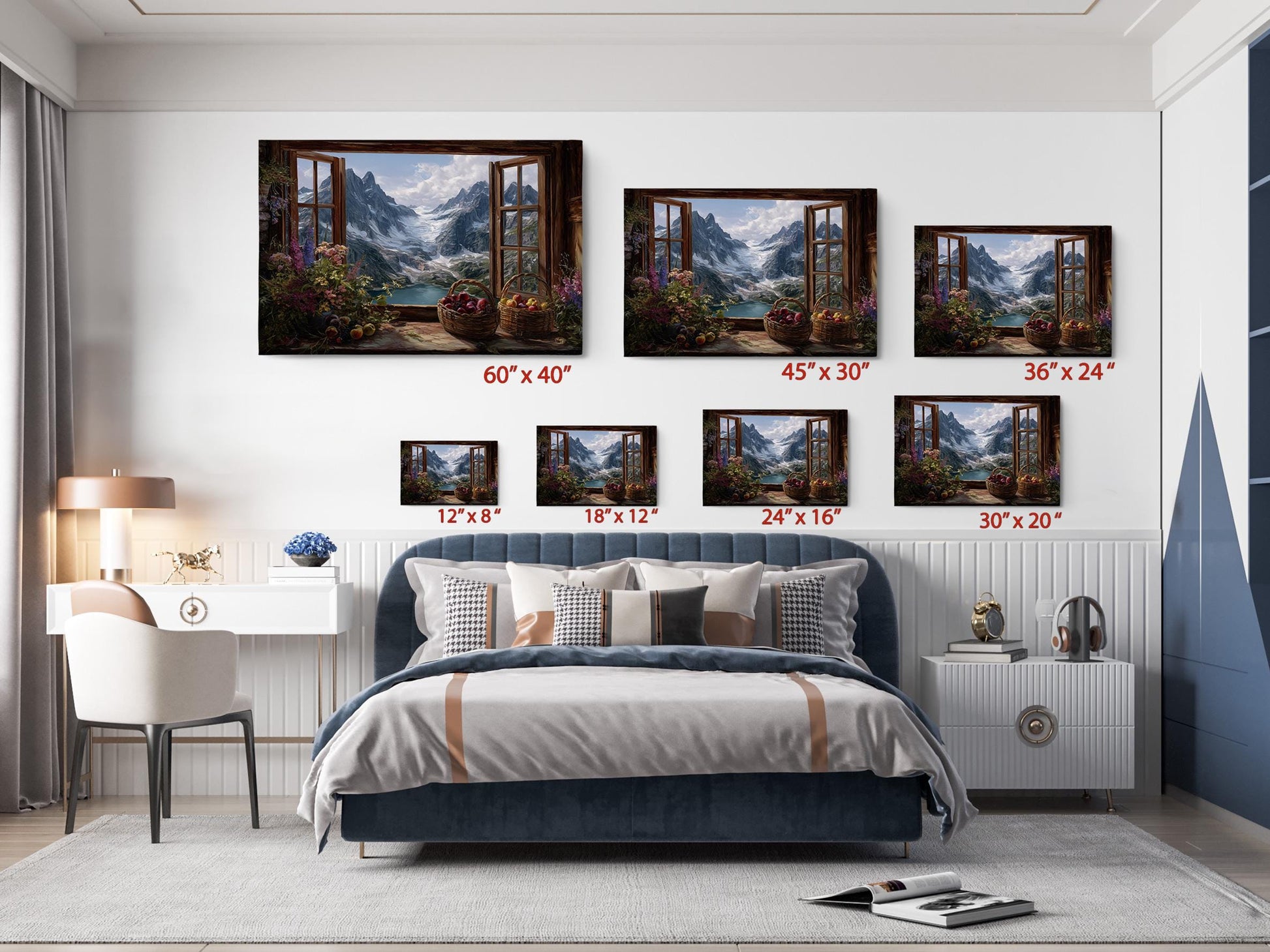 The image is a bedroom with a large bed, a nightstand, and a desk. Above the bed, there are five framed pictures of mountain landscapes, each with a different size and resolution. The pictures are arranged in a grid-like pattern, with the largest one at the top and the smallest one at the bottom. The room has a modern and stylish design, with a blue and white color scheme.